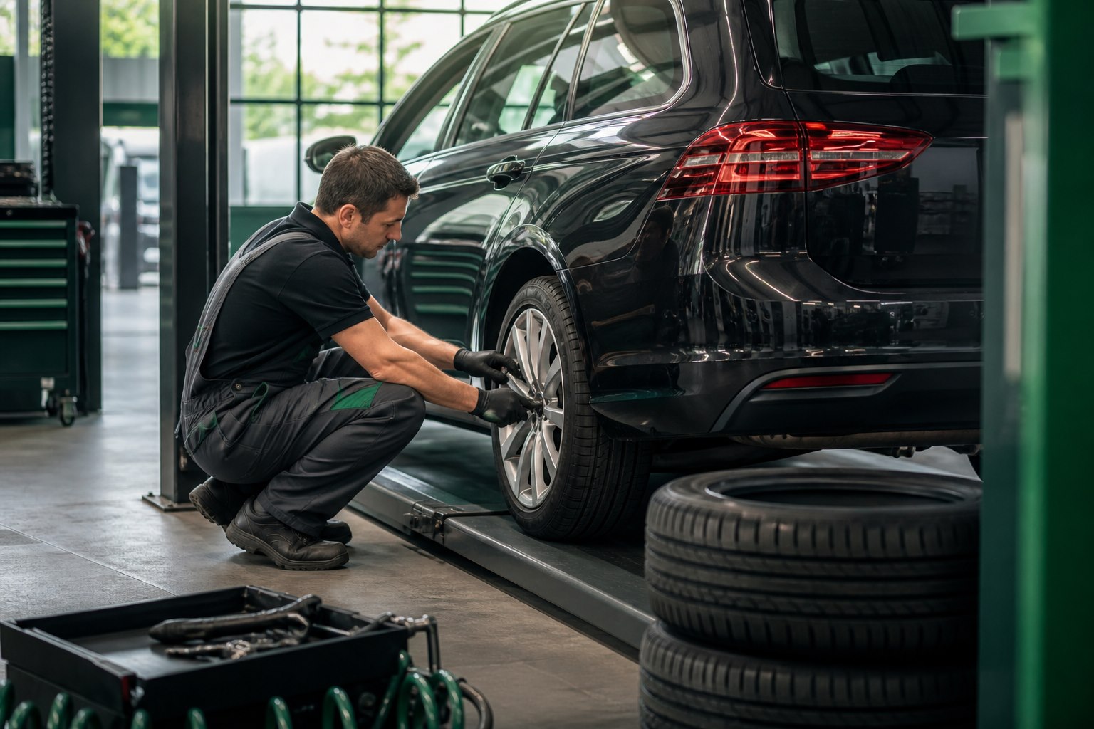 Szerelő gumit cserél egy AutoRent bérautón tiszta műhelyben